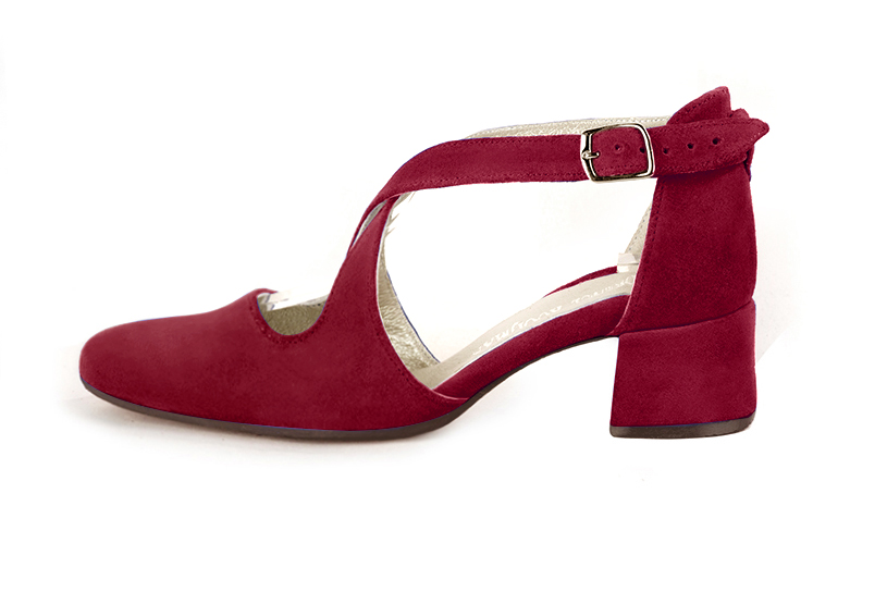 Women's cardinal red elegant closed-back heels, with crossed straps. .  - Profile view